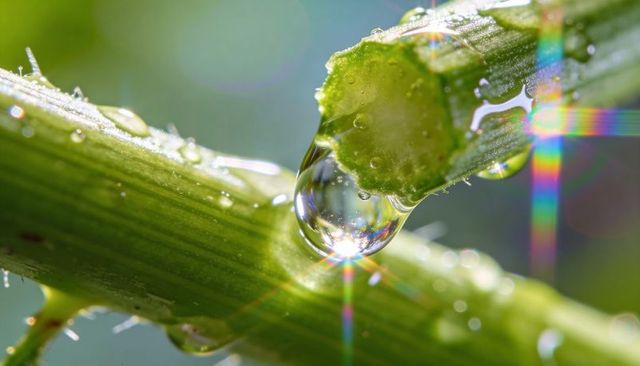 Hanging dew drop refracting morning sunlight on cut green stem with starburst prism