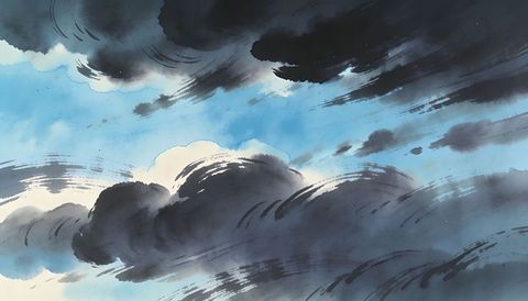 Sweeping ink-textured storm clouds over bright blue sky watercolor brush strokes
