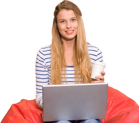 Smiling woman using laptop with coffee cup on transparent background