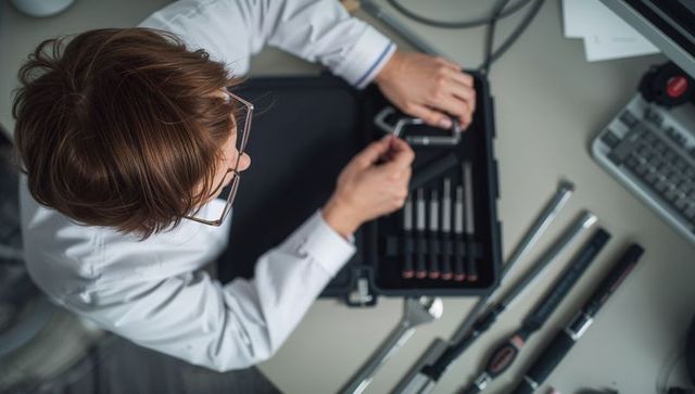 Electronics technician inspecting precision components with organized tool kit top-down