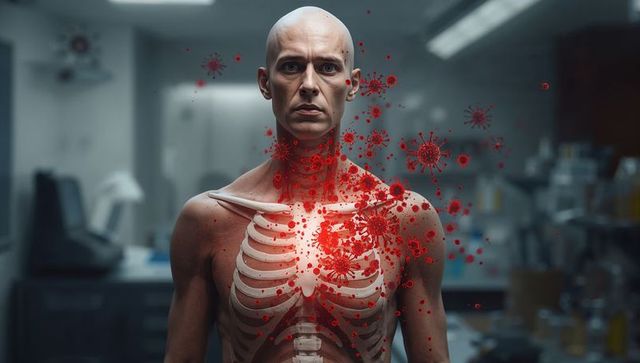 Bald man with transparent ribcage and red virus particles floating in clinical laboratory