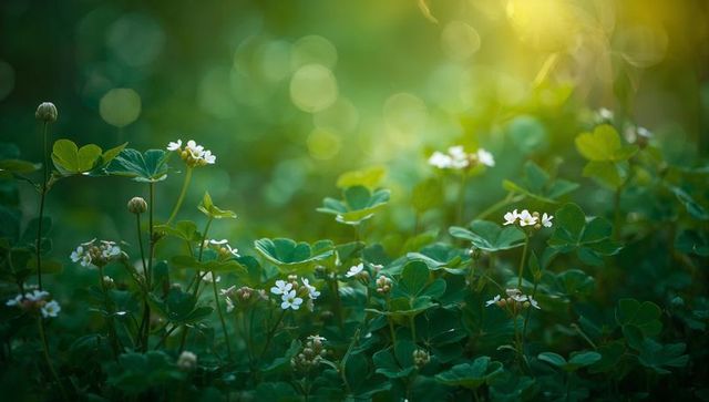 Sunlit wildflower carpet with tiny white blooms, clover foliage and golden bokeh