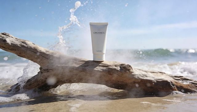 Sunlit organics lotion tube standing on driftwood with ocean spray, beach skincare concept