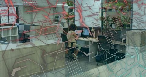 Woman with High-Tech Interface in Futuristic Office Design