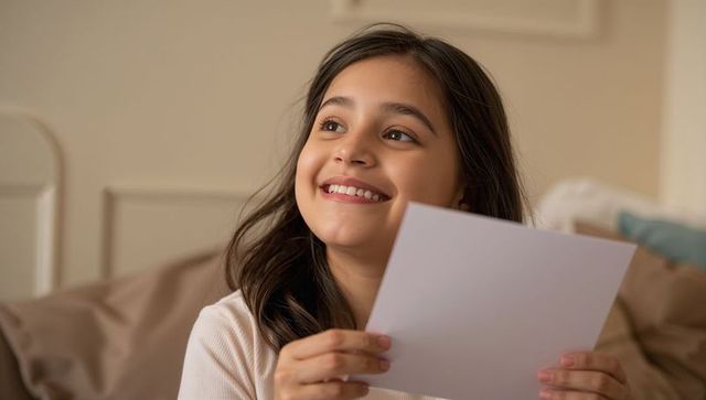 Smiling preteen girl holding blank paper in cozy bedroom portrait showing joy and learning