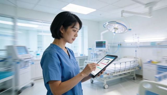 Nurse tapping tablet while reviewing patient dashboard in icu room with vital monitor