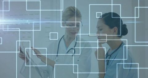 Doctors Analyzing Medical Data with Digital Interface Overlays