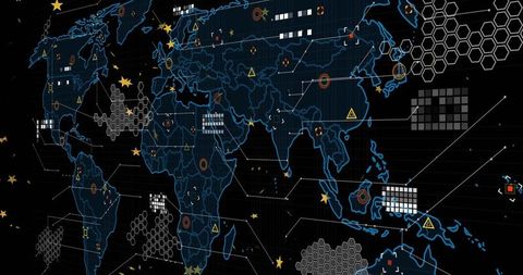 Neon Blue World Map with Tech Data Nodes Interface