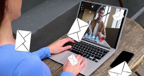 Businesswoman Video Conferencing with Digital Email Icons - Download Free Stock Images Pikwizard.com