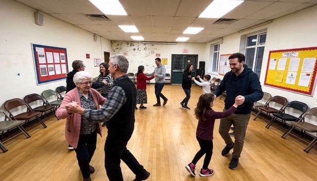 Multigenerational community dance class with parents and children bonding in local hall