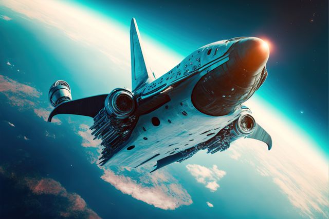 Spaceship taking off over blue sky and earth background, created using generative ai technology. Space travel and alien concept digitally generated image.