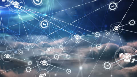 Digital Network with Cloud Icons over Cloudy Sky and Connections