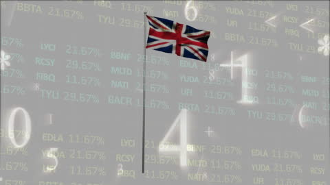 UK Flag with Stock Market and Mathematical Analysis Overlay