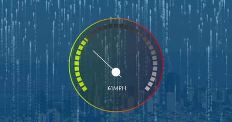 Digital Speedometer Overlay on Cityscape with Binary Code - Download Free Stock Images Pikwizard.com