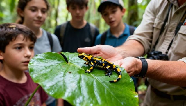 Guide holding yellow-black spotted salamander on leaf while kids watch in rainforest understory
