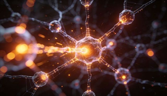 Pulsing Neural Network Core Sending Glowing Synapse Filaments in Futuristic Digital Matrix