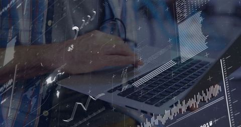 Male hands typing on laptop with data visualizations overlay