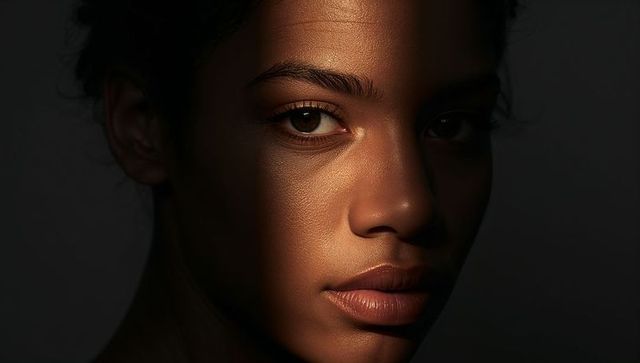 Closeup female face receiving narrow vertical beam creating dramatic chiaroscuro headshot