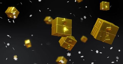 Floating golden gift boxes with snowflakes on black background