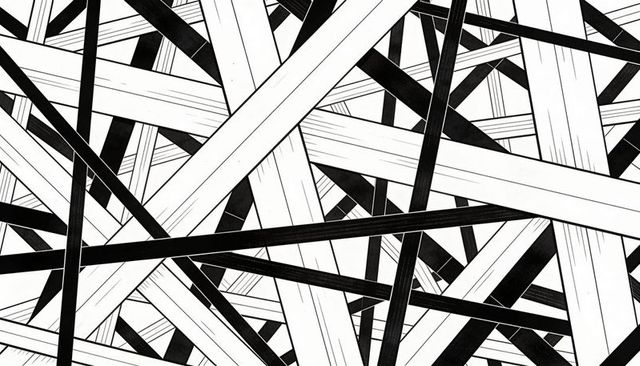 Overlapping black and white bands creating high-contrast geometric abstract pattern