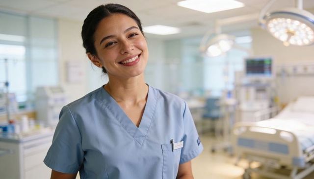 Friendly smiling nurse in blue scrubs standing in modern hospital room near patient bed