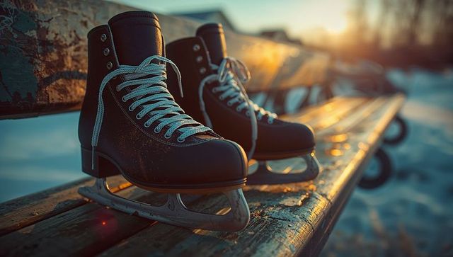 Ice Skates Resting on Wooden Bench in Winter Sunlight