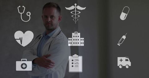 Doctor in corridor with medical icons representing healthcare system