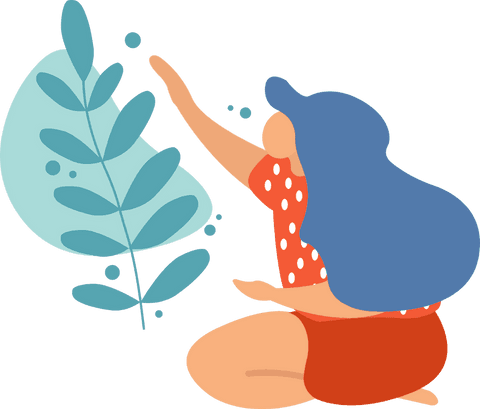 Minimalist Woman Reaching Teal Leaf on Transparent Background