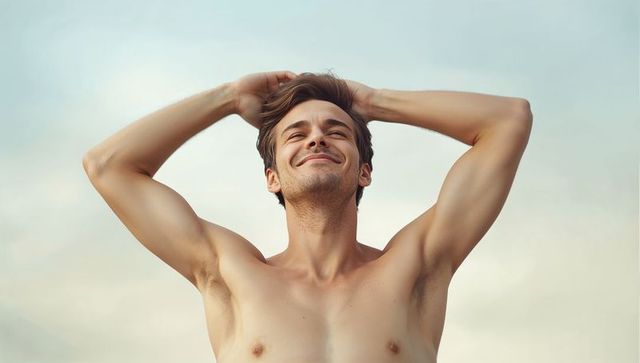 Shirtless young man relaxing outdoors with hands behind head smiling at sky
