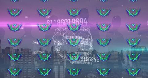 Silhouettes Observing Data Overlay in Futuristic Cityscape