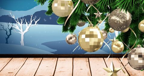 Festive Christmas Tree with Gold Baubles Over Winter Backdrop - Download Free Stock Images Pikwizard.com