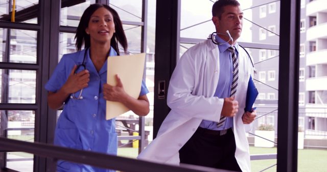 Healthcare professionals walking quickly in a medical facility. Doctor in lab coat and nurse in scrubs holding folders. Ideal for topics related to hospital environment, teamwork in healthcare, and medical professionals.