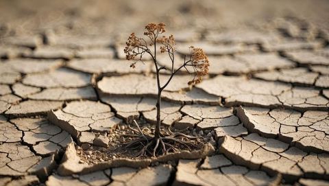 Resilient plant standing amidst drought-cracked earth