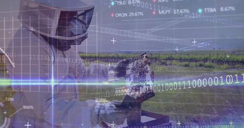 Beekeeper inspecting honeycomb frame in vineyard with digital agriculture data overlay