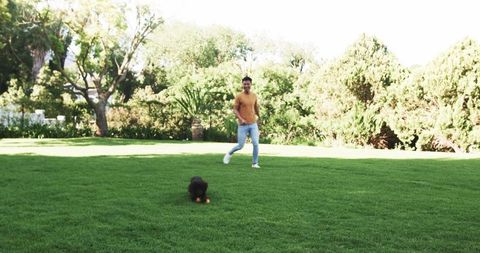 Man playing fetch with black puppy on lush lawn outdoors