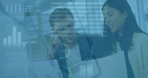 Diverse Colleagues Analyzing Documents with Infographic Overlay