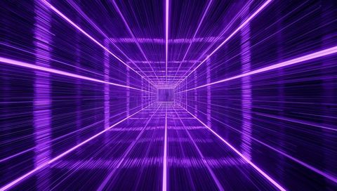 Glowing Purple Neon Tunnel Receding into Futuristic Grid Portal with Central Cube