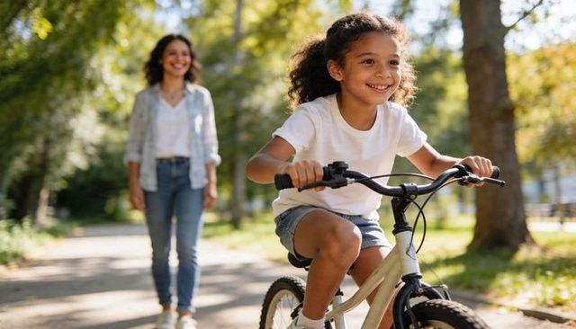 Young girl riding bike through sunlit park path, smiling while guardian walking behind