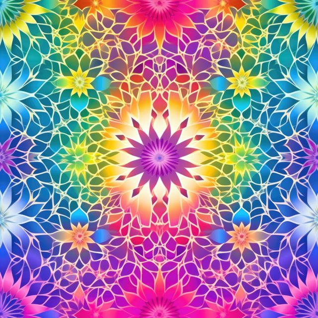This vibrant kaleidoscopic floral pattern with rainbow colors features an intricate geometric design creating symmetrical shapes. Ideal for backgrounds, wallpapers, textile designs, and art projects, this colorful abstract art piece adds a psychedelic touch to any visual content. Perfect for digital design inspiring creativity and energy.