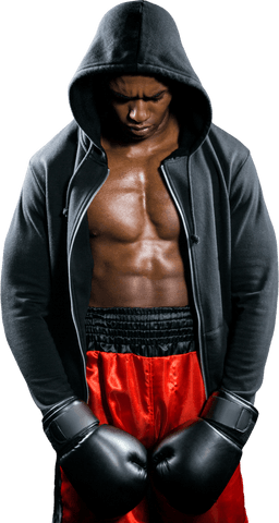 Transparent Depressed Boxer in Black Hoodie and Red Shorts Posing