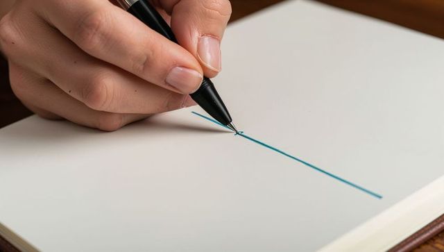 Hand drawing straight blue line with black pen on blank notebook