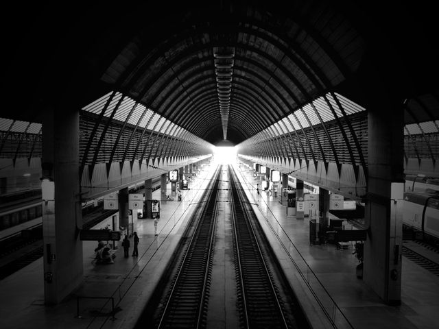 A striking view of a modern train station captured in black and white, emphasizing the symmetrical lines of its architecture. The perspective leads the eye toward the vanishing point at the end of the railway tracks, creating a dramatic and futuristic feel. Ideal for illustrating themes related to transportation, urban infrastructure, travel, and modern architecture. Suitable for use in blogs, travel websites, architectural magazines, or promotional material for public transportation infrastructure improvements.