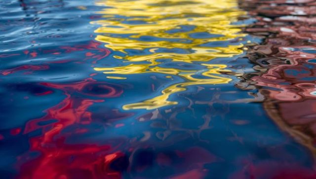 Iridescent water reflections in red yellow blue brown abstract rippling surface with gloss