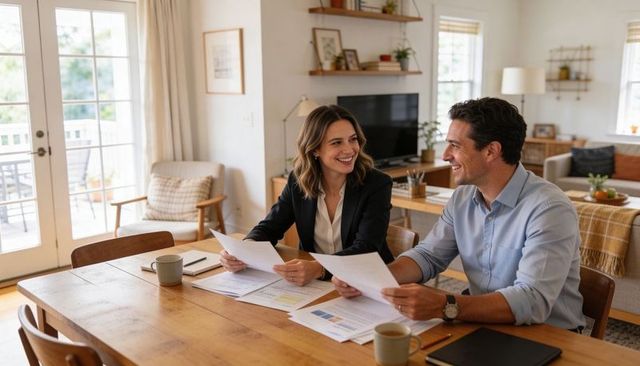 Young couple reviewing finances at sunlit home dining table, smiling and planning