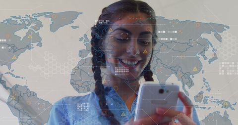 Smiling Woman Using Smartphone with Global Digital Overlay