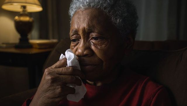 Elderly african american woman wiping tears with tissue in dimly lit living room