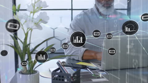 Businessman Analyzing Digital Network Interface on Laptop