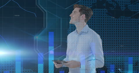 Businessman Using Tablet with Futuristic Data Visualization