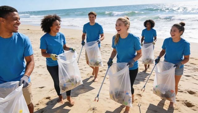 Diverse young volunteers cleaning beach collecting plastic waste with grabbers clear bags