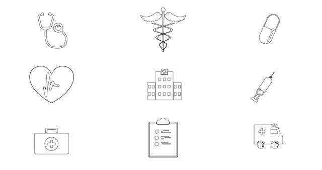 These minimalistic healthcare line art icons encompass various medical symbols such as a stethoscope, heart with pulse line, caduceus symbol, hospital building, pill, syringe, doctor's case, and ambulance. They are ideal for use in medical presentations, health-related promotional materials, medical apps, infographics, and educational resources. The simple design ensures they integrate seamlessly into different styles and mediums.